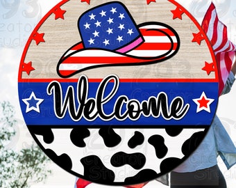 Appendiabiti patriottico di benvenuto, cappello Howdy Cowgirl SVG, cartello di benvenuto SVG, idea di decorazione domestica del 4 luglio, file DXF tagliato al laser