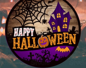 Happy Halloween Sign SVG, Appendiabiti per porta della casa stregata DXF, Modello di taglio laser in legno, Benvenuto nella stagione spettrale Home Decor Design, Dxf, Eps