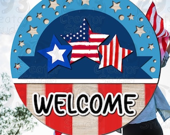 4 luglio Door Hanger SVG, Benvenuto Patriottico Door Sign SVG, Welcome Door Sign, File laser Glowforge, File SVG per Cuicut