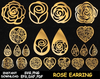 Flower Rose Earring svg Laser Cut Template, Floral Earring Handcraft Gift Idea for Women,  Heart Earring Laser Cut Template, Jewelry Design