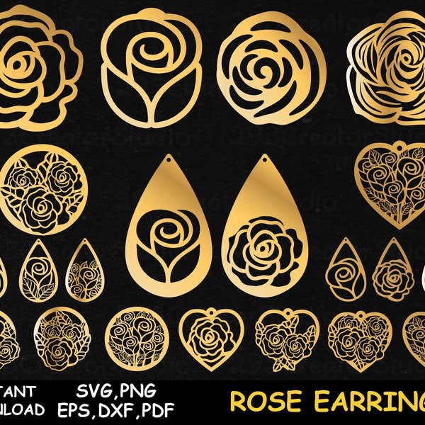 Flower Rose Earring svg Laser Cut Template, Floral Earring Handcraft Gift Idea for Women,  Heart Earring Laser Cut Template, Jewelry Design