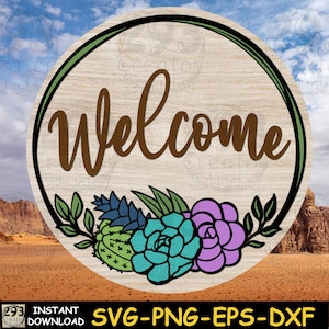 Letrero de bienvenida SVG, letrero redondo de bienvenida con suculentas, colgador de puerta estilo occidental, decoración de diseño de casa, archivo digital