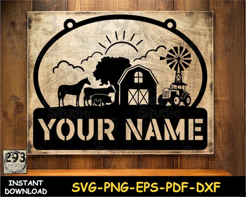 May include: A black and white silhouette design of a farm scene with a barn, tractor, windmill, horse, pig, and chickens. The design is on a wooden sign with the text "YOUR NAME" in a white font.