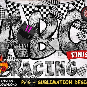 Alfabeto de carreras deportivas, diseño de fuente de letras de sublimación PNG, pistas de neumáticos, contornos de letras dibujadas a mano, diseño PNG de coche de carreras, idea de regalo para papá