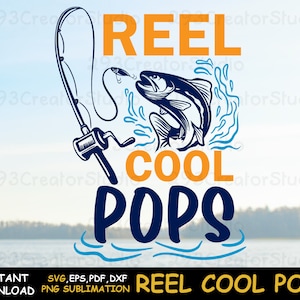以下が含まれることがあります： 青い釣り竿とリール、水から飛び出す魚。"REEL COOL POPS"という文字がオレンジと青の文字で書かれている。