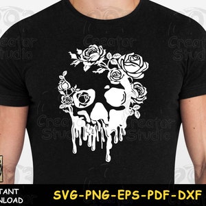 May include: Black t-shirt featuring a white skull design adorned with roses. The skull has a dripping effect, and the design is centered on the shirt. The text "INSTANT DOWNLOAD" and "SVG-PNG-EPS-PDF-DXF" are at the bottom.