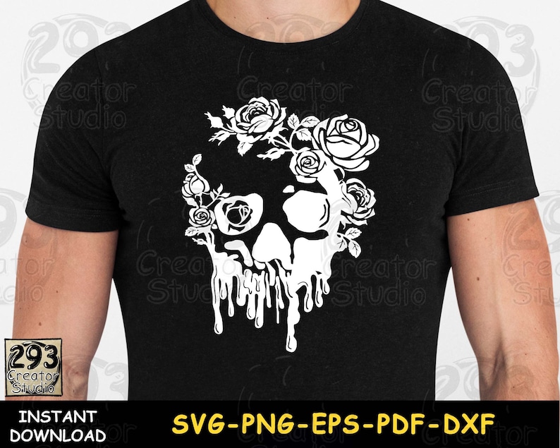 May include: Black t-shirt featuring a white skull design adorned with roses. The skull has a dripping effect, and the design is centered on the shirt. The text "INSTANT DOWNLOAD" and "SVG-PNG-EPS-PDF-DXF" are at the bottom.