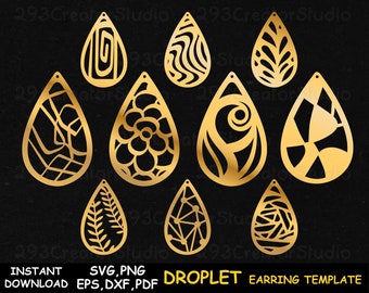 May include: Set of ten gold-colored earring templates with various geometric and floral designs.  The templates are in the shape of a teardrop or droplet.  INSTANT DOWNLOAD SVG, PNG EPS, DXF, PDF DROPLET EARRING TEMPLATE