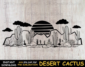 Landscape Desert Scene SVG, Western Desert Cactus PNG Shirt Print, Southwest Png Sublimation Design, Retro Sunset Scg Cut files