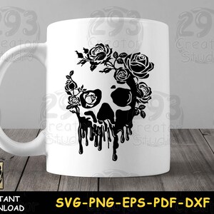May include: White ceramic mug featuring a black skull design adorned with roses. The skull has a dripping effect, and the mug includes the text "INSTANT DOWNLOAD" and "SVG-PNG-EPS-PDF-DXF".