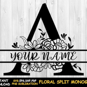 アルファベット フローラル スプリット レター svg、フラワー モノグラム svg、ウェディング モノグラム svg デカール、ウェディング デコレーション svg、Mur Press 用名前 png プリント ラップ
