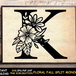 Fuente floral del alfabeto svg, letra dividida svg, flor del alfabeto svg, decoración de la fuente de la boda svg, boda floral svg, calcomanía del alfabeto svg