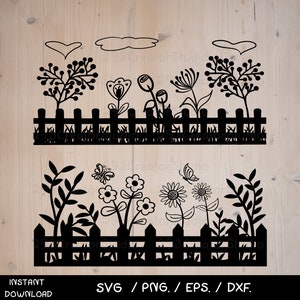 Blumengarten, Zaun, Blumengarten, Gartenszene-Dekor, Garten PNG Clip Art, Silhouette geschnitten Datei, Sommer SVG-Dateien für Cuicut