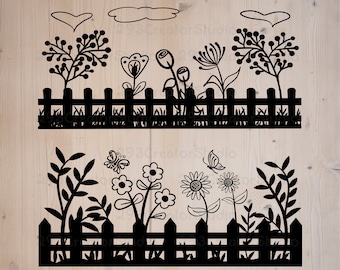 Blumengarten, Zaun, Blumengarten, Gartenszene-Dekor, Garten PNG Clip Art, Silhouette geschnitten Datei, Sommer SVG-Dateien für Cuicut