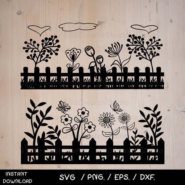 Flower Garden svg Fence svg  Floral svg  Grass svg garden silhouette svg Garden clipart Butterfly silhouette cut file Plant svg Grass svg