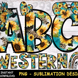 Turquoise zonnebloem png, westerse koe alfabet png, zonnebloem koe shirt print, westerse doodle decoratie, alfabet png sublimatie