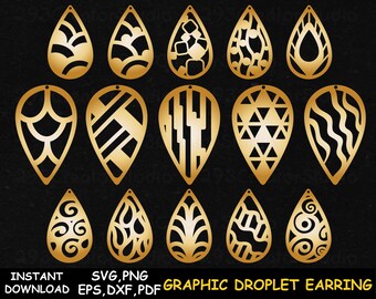 May include: Set of 18 gold-colored graphic droplet earring designs. The designs feature various geometric patterns, including waves, stripes, and triangles.