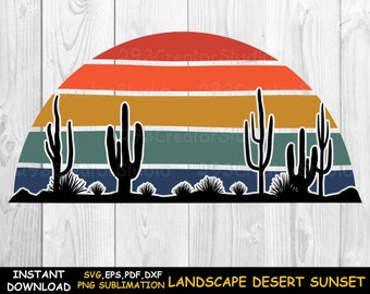 File di taglio retrò tramonto Svg, Silhouette Desert Scene PNG Camicia stampa, Western Desert Cactus Svg, Desert Landscape Wall Art Design