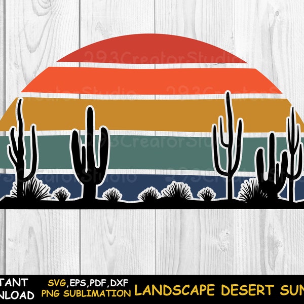 Retro Sunset Svg Cut Files, Silhouette Desert Scene PNG Shirt Print, Western Desert Cactus Svg, Desert Landscape Wall Art Design