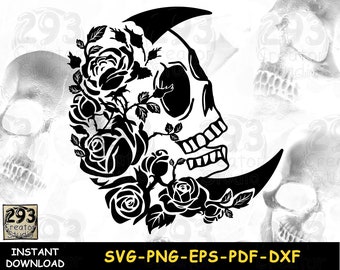 Skull Moon SVG, Gothic Floral PNG Shirt, Halloween Skull Moon SVG, Tattoo Design Idea, Diy Crafts and Decals, Instant Download Png, Eps, Dxf