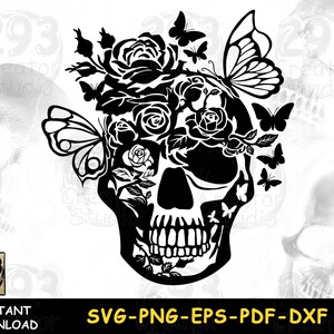 May include: Black and white silhouette of a skull with roses and butterflies. The skull has a detailed design with a prominent jawline and teeth. The roses are arranged around the skull's head, and the butterflies are scattered around the roses.