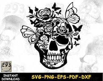 Butterfly Floral Skull SVG , Gothic Halloween PNG for Shirt, Halloween Skull with Roses and Butterflies SVG, Tattoo Design for Girl