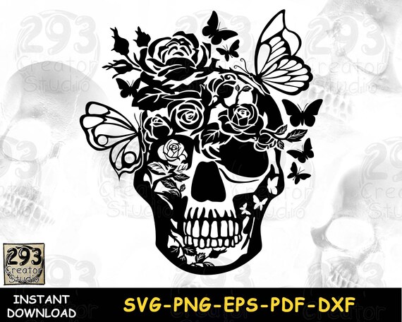 Butterfly Floral Skull SVG , Gothic Halloween PNG for Shirt, Halloween Skull with Roses and Butterflies SVG, Tattoo Design for Girl