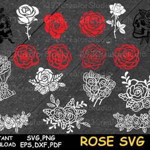K&ouml;nnte beinhalten: Ein Set mit 14 Rosen-SVG-Schnittdateien in Schwarzwei&szlig; und Rot. Die Rosen sind in verschiedenen Stilen, darunter einzelne Rosen, Str&auml;u&szlig;e und Kr&auml;nze. Der Text "ROSE SVG" ist in Gelb am unteren Rand des Bildes.