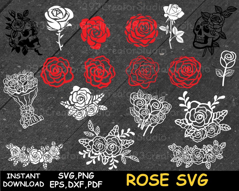 K&ouml;nnte beinhalten: Ein Set mit 14 Rosen-SVG-Schnittdateien in Schwarzwei&szlig; und Rot. Die Rosen sind in verschiedenen Stilen, darunter einzelne Rosen, Str&auml;u&szlig;e und Kr&auml;nze. Der Text "ROSE SVG" ist in Gelb am unteren Rand des Bildes.