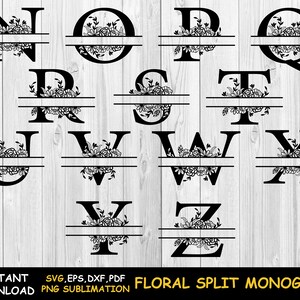 May include: A set of 12 black floral split monogram letters, from N to Z, with a floral design and a horizontal line separating the top and bottom halves of each letter. The letters are on a woodgrain background.  Instant download, SVG, EPS, DXF, PDF, PNG sublimation. Floral Split Monogram.