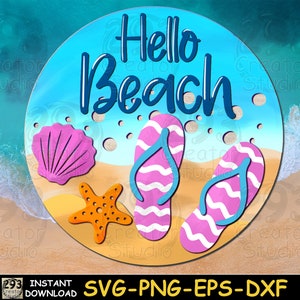 Hola letrero de playa SVG, letrero SVG de puerta de chanclas, decoración de colgador de puerta de concha y estrella de mar, letrero de bienvenida de verano, plantilla de corte láser de madera Dxf, Eps