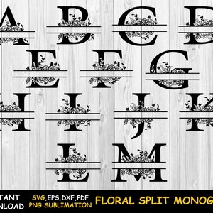 May include: A set of 14 black and white split monogram letters with floral designs. The letters are A, B, C, D, E, F, G, H, I, J, K, L, and M. The letters are split in half with a floral design on each side. The letters are perfect for creating custom monograms for weddings, birthdays, or other special occasions.