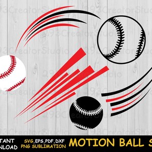 May include: A black and white baseball with red and black lines behind it. The baseball is in motion, as if it is being thrown. The text "MOTION BALL SVG" is at the bottom of the image.