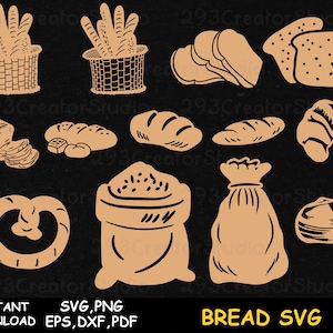 May include: A set of 10 SVG cut files featuring various bread designs, including loaves, rolls, pretzels, croissants, and a bag of flour. The designs are in a brown and beige colour scheme and are perfect for crafting projects.