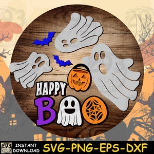 Cute Halloween Ghost Door Hanger SVG, Happy Boot Door Round Signs, SVG Laser Cut Files, Spooky Home Decor Design, Glowforge Laser Cut File
