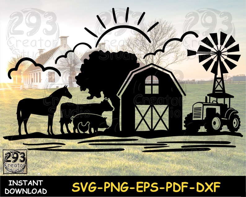 May include: Black and white silhouette design of a farm scene with a barn, a tractor, a windmill, a tree, a horse, two cows, a pig, and a chicken. The design is ideal for a farmhouse themed craft project.