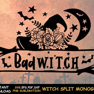 May include: Black and white silhouette of a witch's hat with flowers and a crescent moon. The hat is on top of a broom with the text "Bad Witch" written on a banner. The image is on a grunge background with a graveyard in the background.