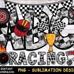 アルファベット レーシング PNG、シャツ用手描きフォント png、チェッカーフラッグ PNG デコレーション、昇華デザイン、車好きの方へのレースカー ギフトのアイデア