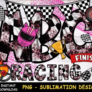 Race Car Girl Alphabet Font, Racing Lover Png, Checkered Flag and Pink Leopard Skin, Hand-Drawn Letter Style, Race Mom Png Design