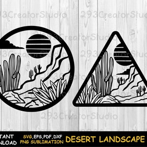 Puede incluir: Dos ilustraciones en blanco y negro de un paisaje desértico con cactus, montañas y un sol poniente. Una ilustración es un círculo y la otra es un triángulo.