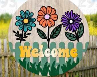 Benvenuto Wildflower Sign, Fence Garden SVG, file di taglio laser Round Door Hanger Glowforge, Spring Summer Home Decor, Gardener Welcome Sign