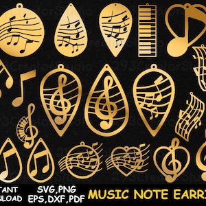 Pendientes de música svg Pendientes de piano svg Pendientes de clave de sol Pendientes de nota svg Plantilla de pendientes de cuero musical Archivos cortados con láser Colgante svg