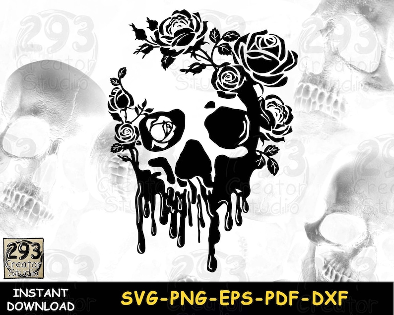 May include: Black and white graphic of a skull with roses. The skull has a dripping effect and is adorned with rose blossoms. The image includes the text "INSTANT DOWNLOAD" and file type options: SVG-PNG-EPS-PDF-DXF.