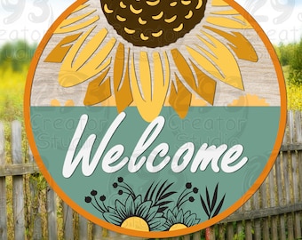 Benvenuto cantare girasole SVG, Ciao girasole SVG, decorazione appendiabiti porta rotonda, decorazione giardino SVG, segno di benvenuto primaverile, file SVG per Cricut