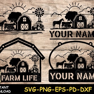 SVG de vida en la granja, diseño PNG de escena de granja, sublimación PNG de paisaje, idea de decoración artesanal, archivos de corte SVG de granjero, diseño de corte láser de pancarta,