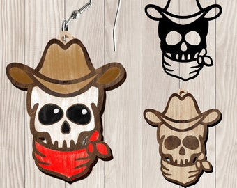 Halloween Skull Cowboy Earring SVG, Halloween Earring DXF, Wood Laser Earring Files for Cricut, Western Farmer Gift Idea, Jewelry SVG,