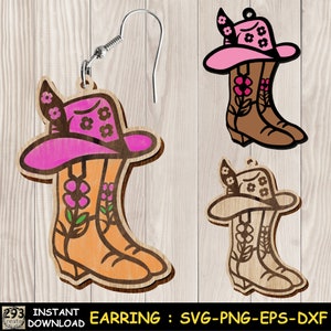 Cowgirl Boot Earring SVG, Flower Western Boot Earring DXF, Western Earring Gift Idea, Wood Laser Cut Template, Jewelry Cut files