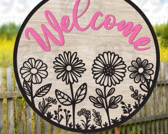 Cartello di benvenuto SVG, fiore di campo primaverile SVG, fiore di campo di benvenuto SVG, gancio per porta rotondo Design della casa SVG, decorazione della stagione primaverile, file digitale