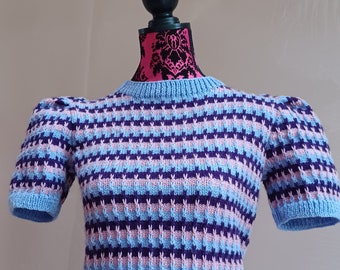 1940s Vintage Style Short Sleeved Striped Jumper Lilac/Pink/Purple Size 36/38 inch chest