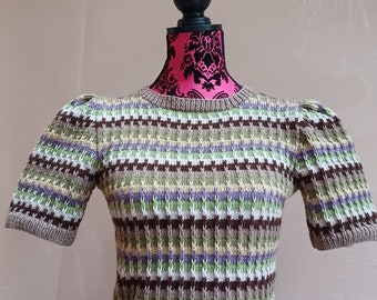 1940s Vintage Style Short Sleeved Striped Jumper Browns/Greens/Creams/Purple Chest size 36/38 inch